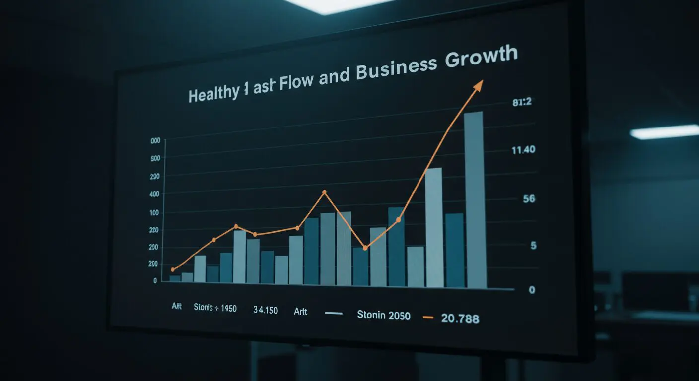Graph depicting "Healthy Cash Flow and Business Growth," showing increasing trends in bar and line formats with corresponding values.