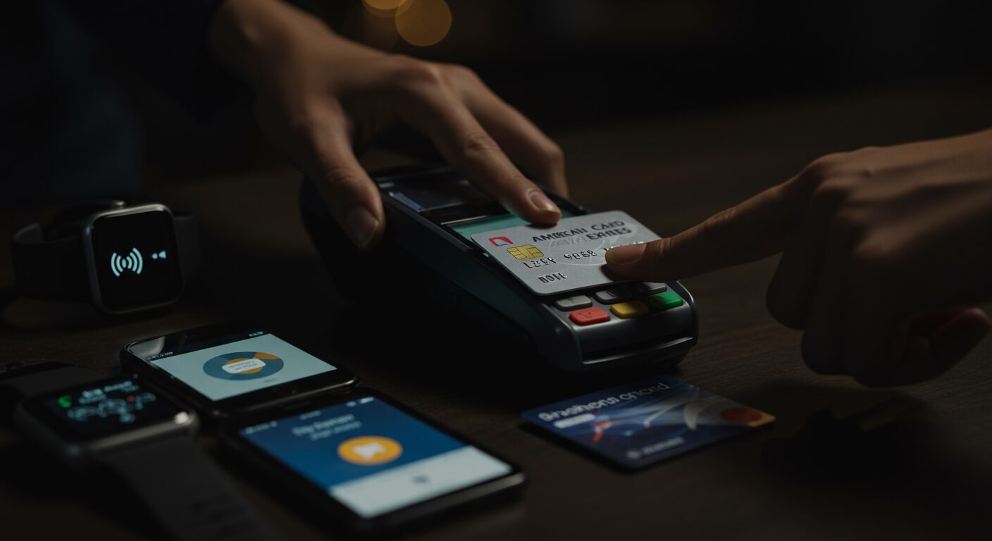 High-angle close-up of a person using a point-of-sale (POS) terminal to process a payment.  A person's hands are positioned over a dark-colored, modern POS terminal.  One hand holds a credit card close to the terminal's card reader. A finger on the other hand is touching a button or icon on the terminal's keyboard, likely to confirm the payment or select a payment method. Several smartphones and smartwatches are visible on a dark wooden table, suggesting a modern, potentially mobile payment environment. The light from the device screens and terminal illuminates the immediate area; the background is dark, drawing focus to the payment transaction.