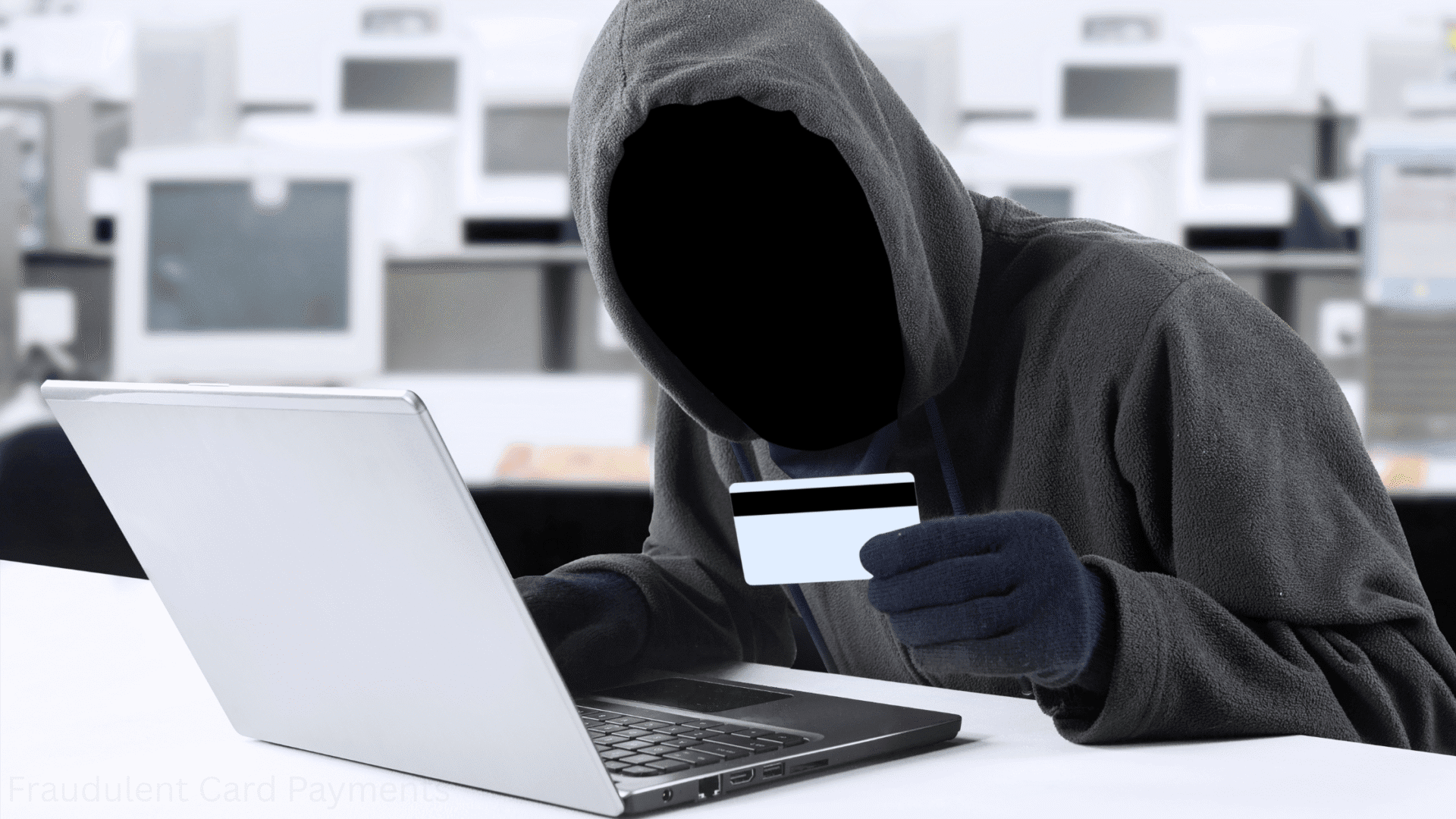 A faceless figure in a hoodie and gloves holds a credit card in front of a laptop, suggesting cybercrime in a room with blurred computer equipment.