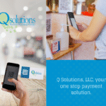 Person scanning a QR code with a smartphone at a counter, with Q Solutions branding and the text: "Q Solutions, LLC, your one stop payment solution.